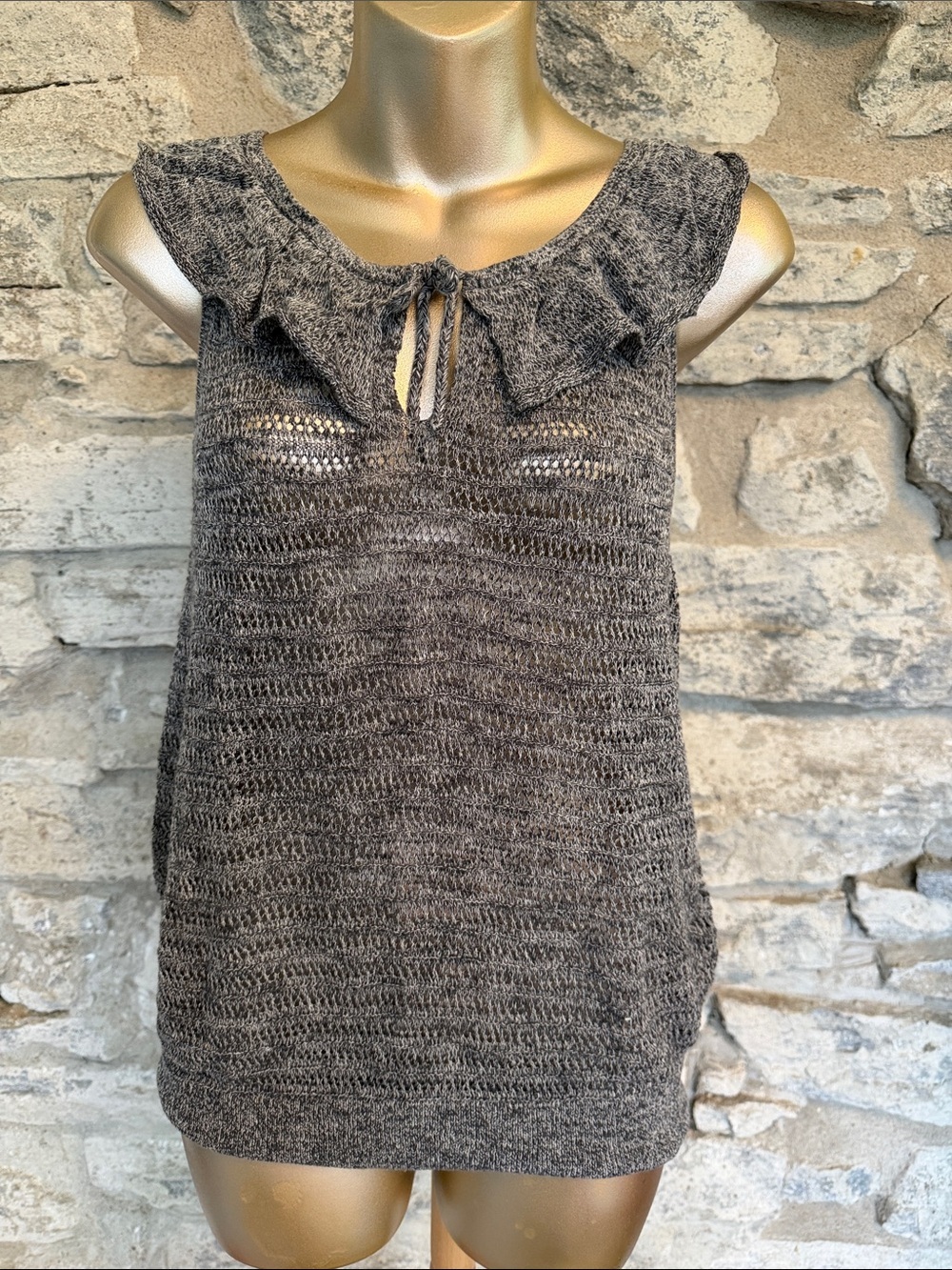 Gray Knit Ruffle Neck Sleeveless Top